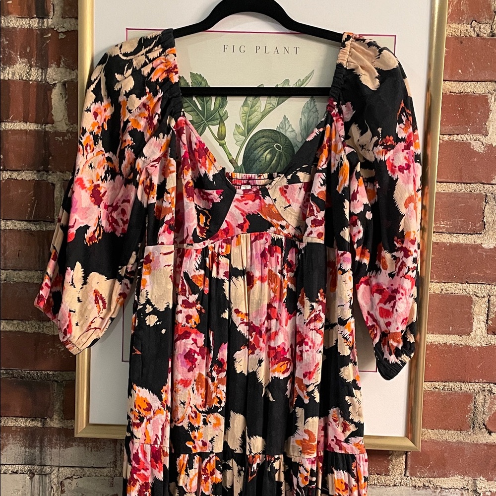 Floral Black Puff Sleeve Midi Dress - Pink & Cream Blooms
